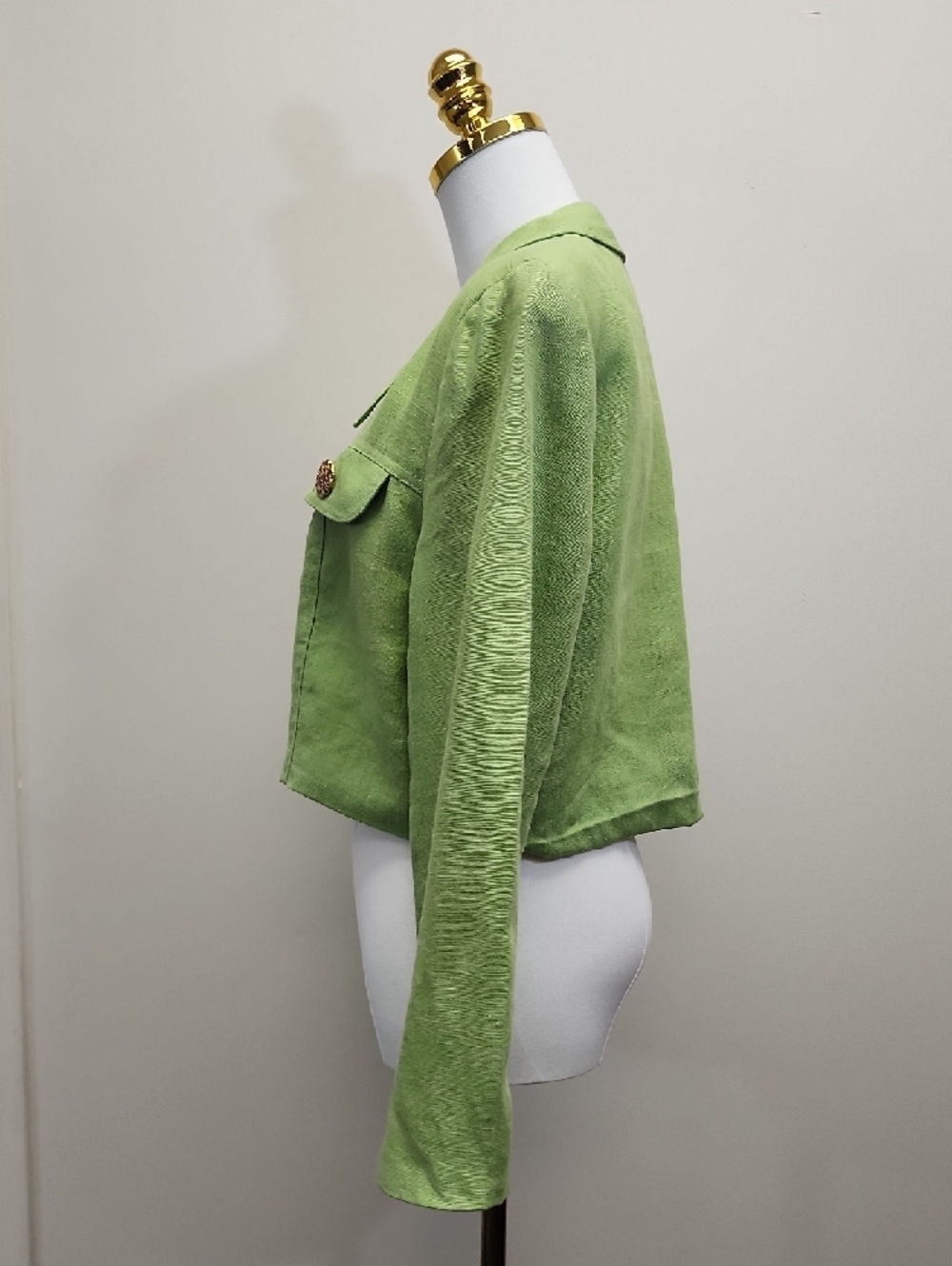 Scaasi Lime Green Linen Cropped Jacket Textured Button Blazer Size 12 - Picture 3 of 16